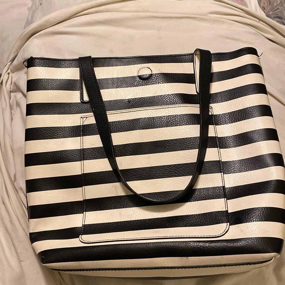 Black and white striped tote purse